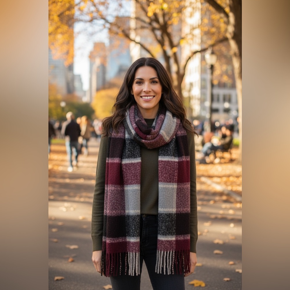 Bujibaja Plush Plaid Winter Scarf - Burgundy & Gray